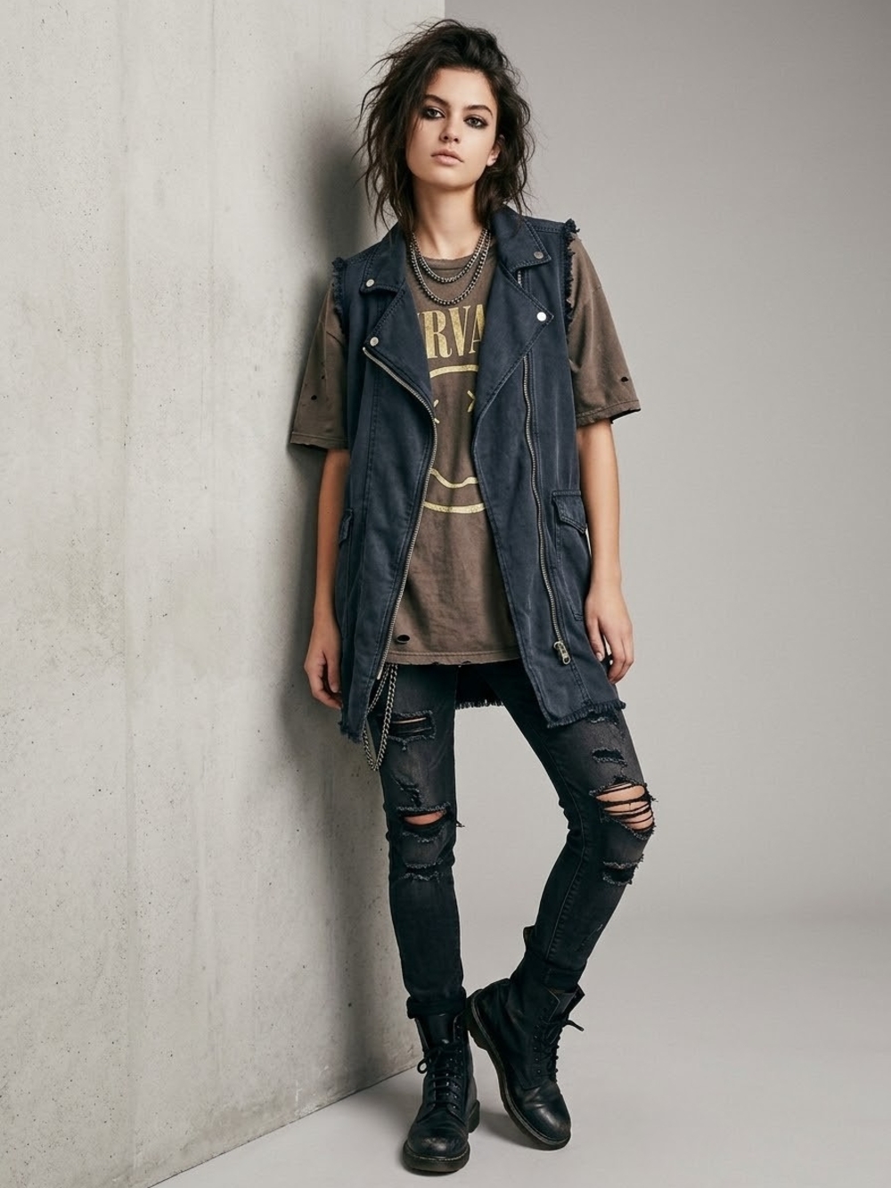 Free People Washed Black Zip Front Long Denim Vest